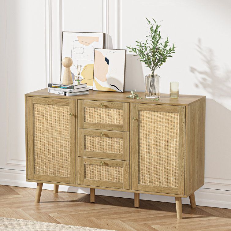 Bay Isle Home Stoudt Rattan Sideboard Buffet Cabinet, 3 Drawers And 2 Doors  Accent Storage Cabinet With Adjustable Shelves | Wayfair For Most Recent 3 Drawers Sideboards Storage Cabinet (View 13 of 15)