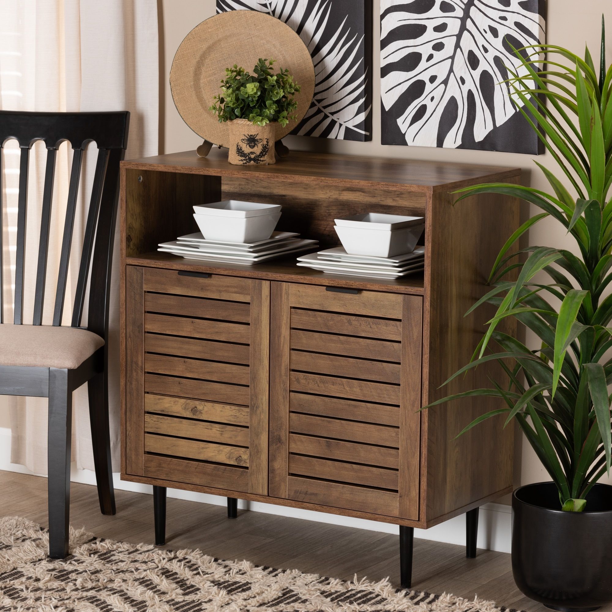 Baylah Mid Century Modern Natural Brown Finished Wood And Black Metal  2 Door Sideboard – On Sale – Bed Bath & Beyond – 37161065 Inside Most Current Brown Finished Wood Sideboards (Photo 2 of 15)
