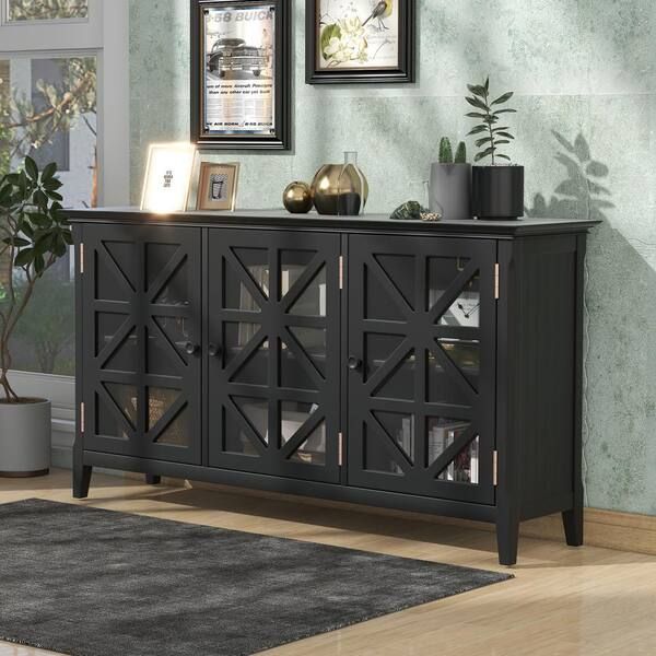 Black Vintage Accent Cabinet Modern Console Table Sideboard For Living  Dining Room With 3 Doors And Adjustable Shelves Ec Sbb 61614 – The Home  Depot Inside 2018 3 Door Accent Cabinet Sideboards (Photo 12 of 15)