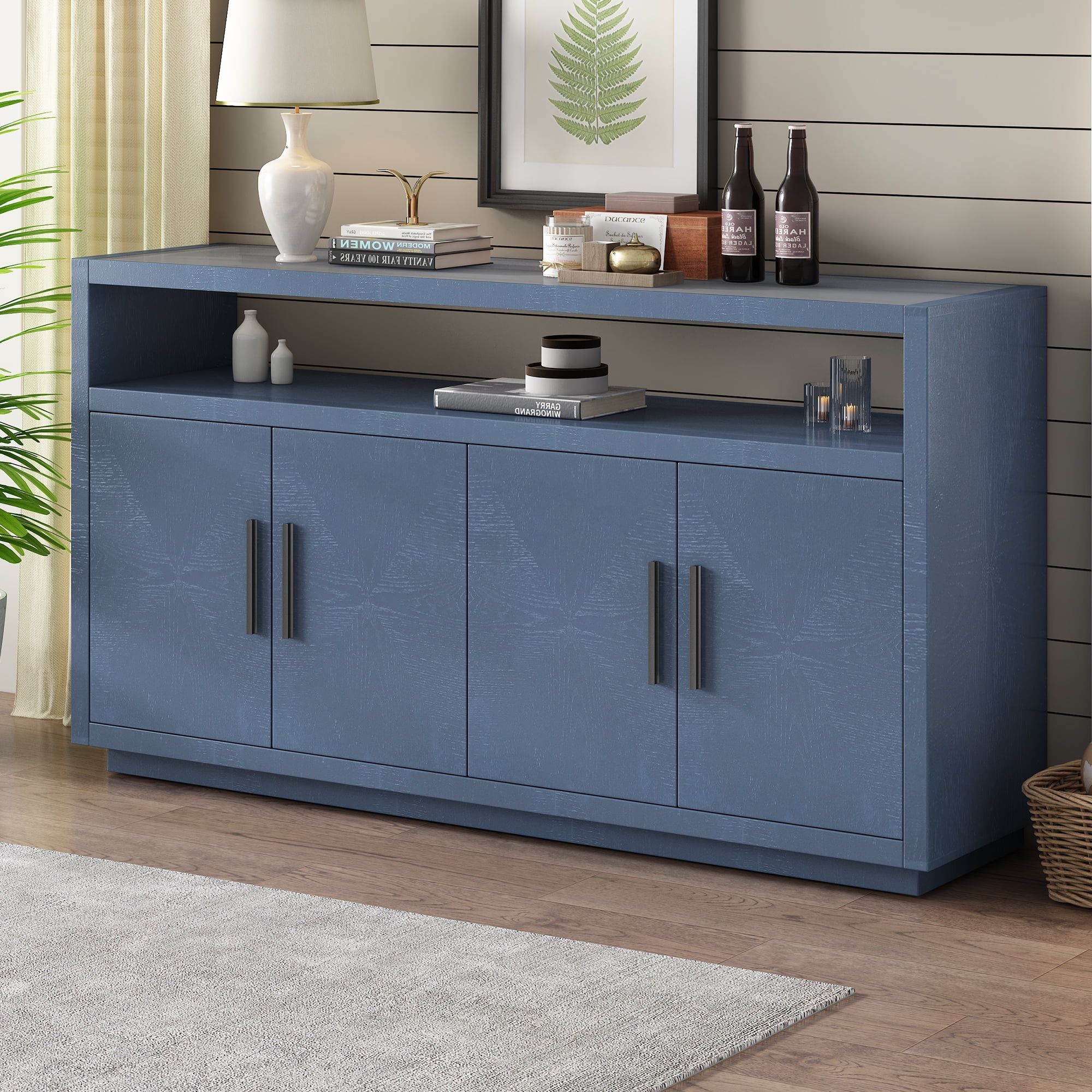 Blue Accent Cabinet, Kamida Modern Buffet Sideboard With Adjustable  Shelves, Heavy Duty Cabinet Furniture, Wooden Accent Cabinet With 4 Doors  And Glass Top, Storage Cabinet For Entryway Living Room – Walmart Regarding Best And Newest Sideboards Accent Cabinet (Photo 11 of 15)