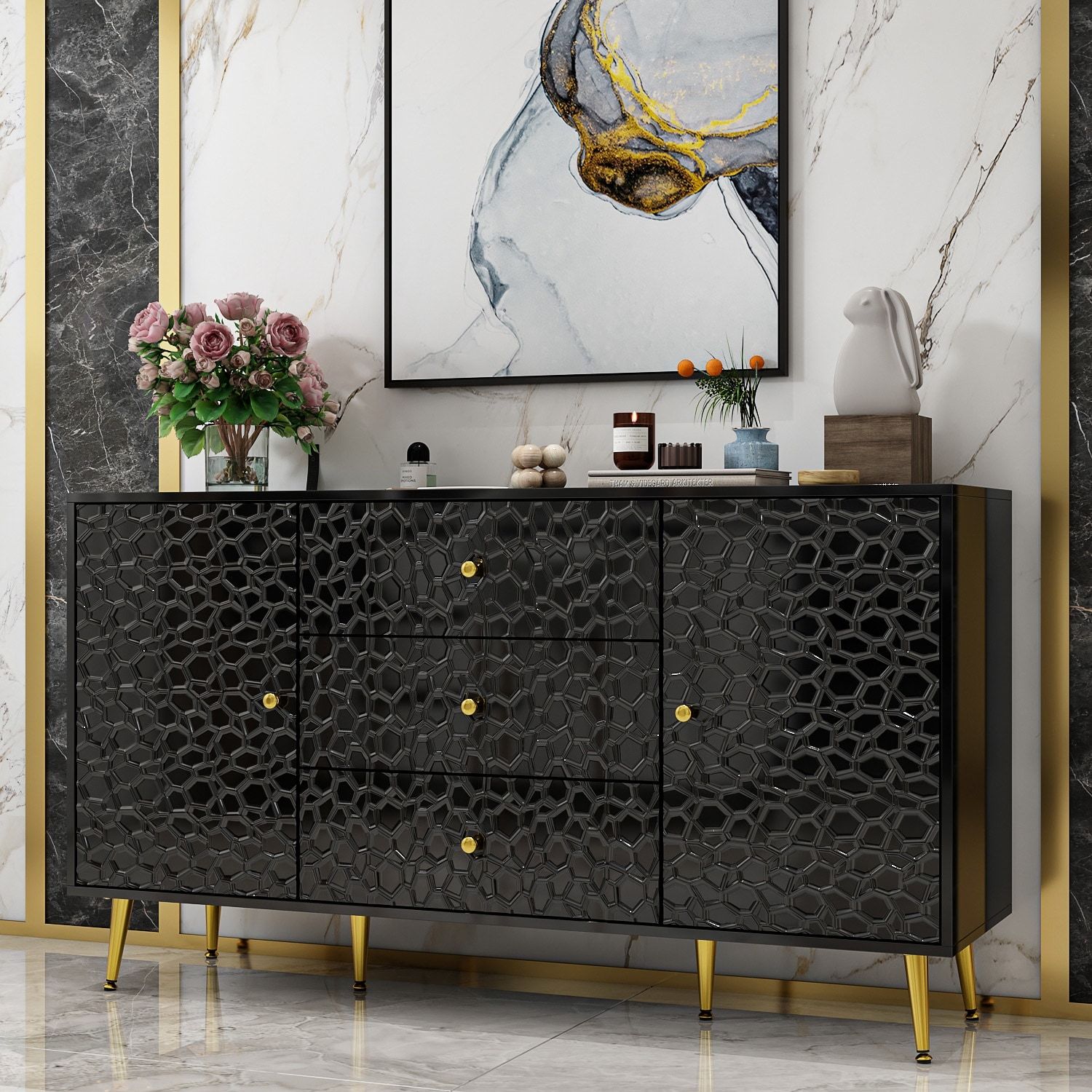 Buffet Accent Cabinet Sideboard Cabinet With Gold Legs, Black/white –  55.1"w – Bed Bath & Beyond – 37497054 With Regard To Recent Sideboards Accent Cabinet (Photo 5 of 15)