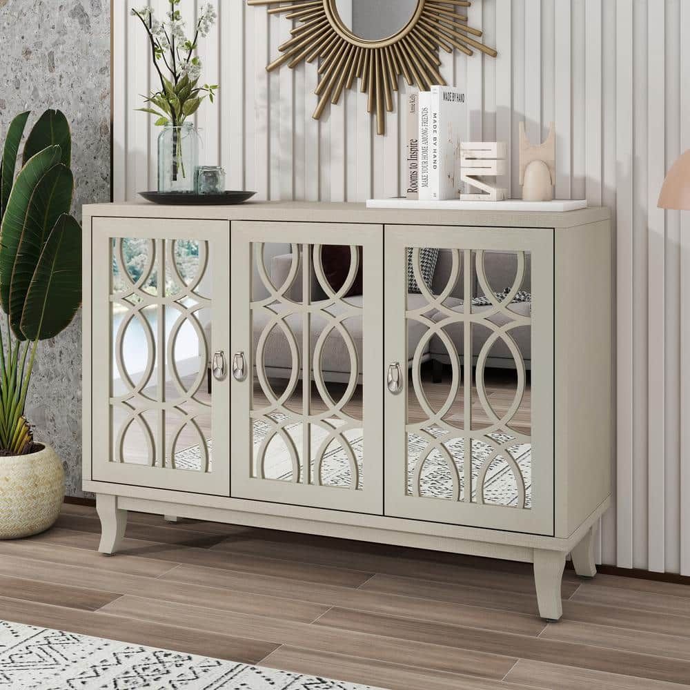 Champagne Wood 47.2 In. Sideboard Modern Buffet Cabinet Storage Console  With 3 Glass Doors And Adjustable Shelves Fy Wf304918aan – The Home Depot Within Newest Sideboards With Power Outlet (Photo 4 of 15)