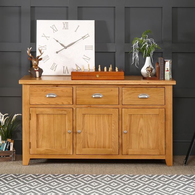 Cheshire Oak Large 3 Drawer 3 Door Sideboard | The Furniture Market For Newest Sideboards With 3 Doors (Photo 9 of 15)