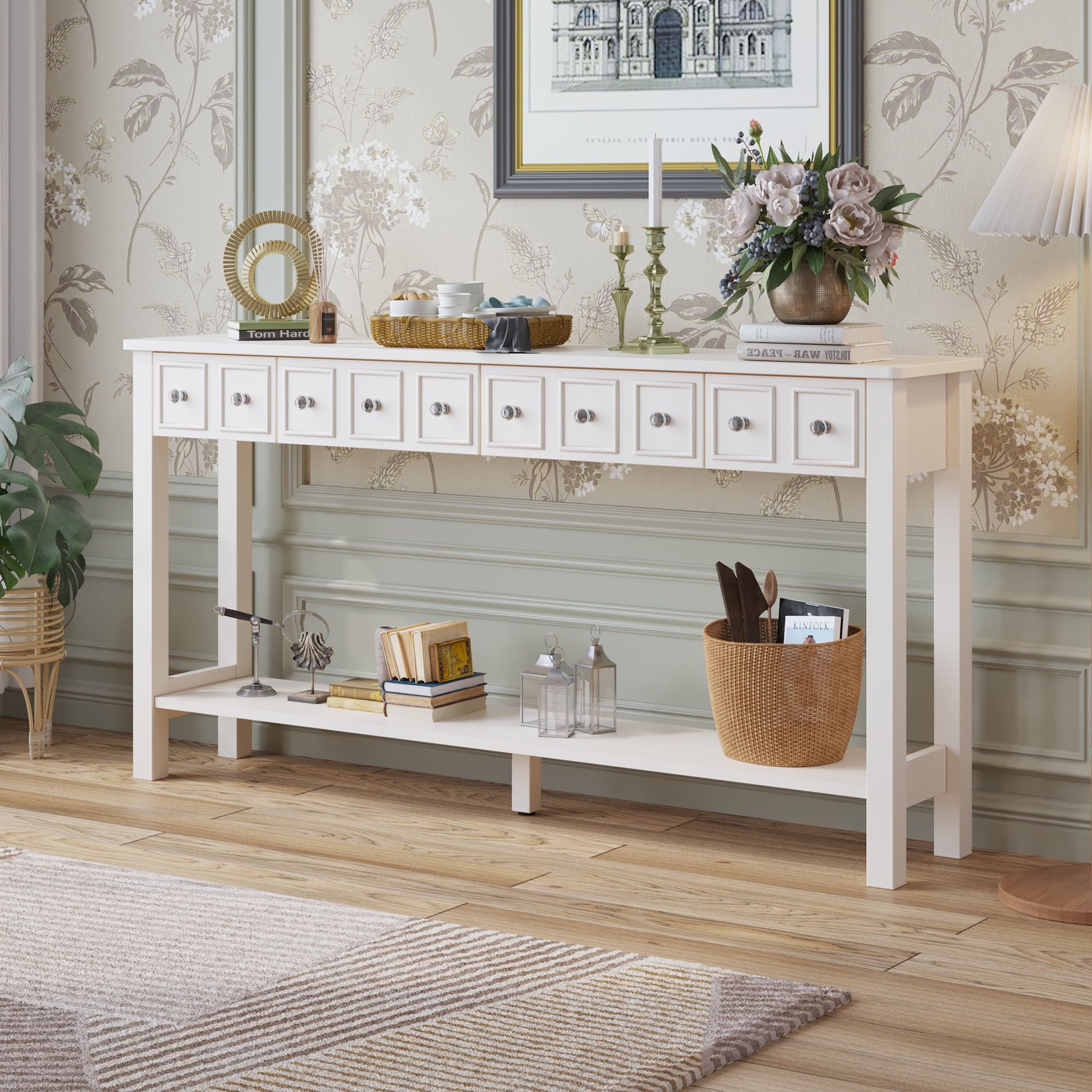 Console Sofa Table With 4 Drawers, 58'' Wood Buffet Sideboard Desk W/bottom  Shelf, Retro Tall Entryway Table W/ Mdf Panel For Kitchen Dining Room  Cupboard, 144lbs, Ivory White, Ss1202 – Walmart For Latest Sideboards Cupboard Console Table (Photo 5 of 15)