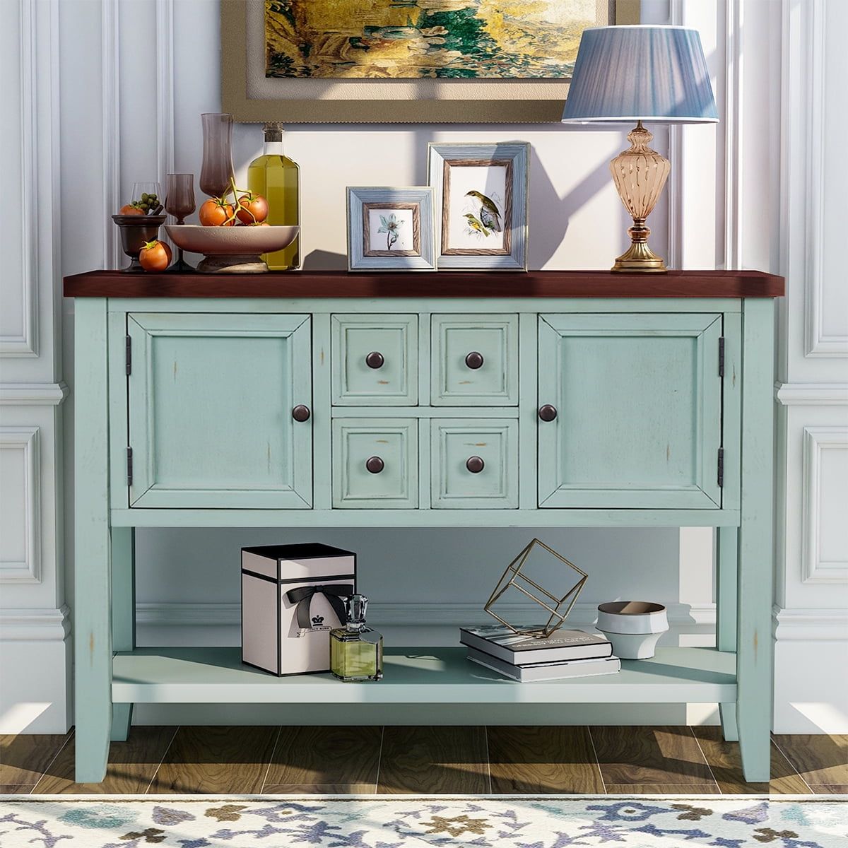Console Tables For Entryway, Kitchen Sideboard Buffet With 4 Drawers And  Cabinets, 46" Entrance Table In Hallway, Retro Blue Wood Contemporary Sofa  Tables Console Table With Storage Shelf – Walmart Within Best And Newest Entry Console Sideboards (Photo 12 of 15)