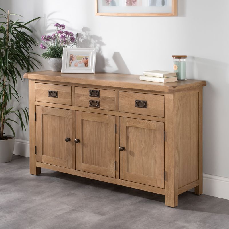 Cotswold Oak Large Sideboard Natural 3 Doors 3 Drawers – Buy Online At Qd  Stores In Newest Sideboards With 3 Drawers (Photo 9 of 15)