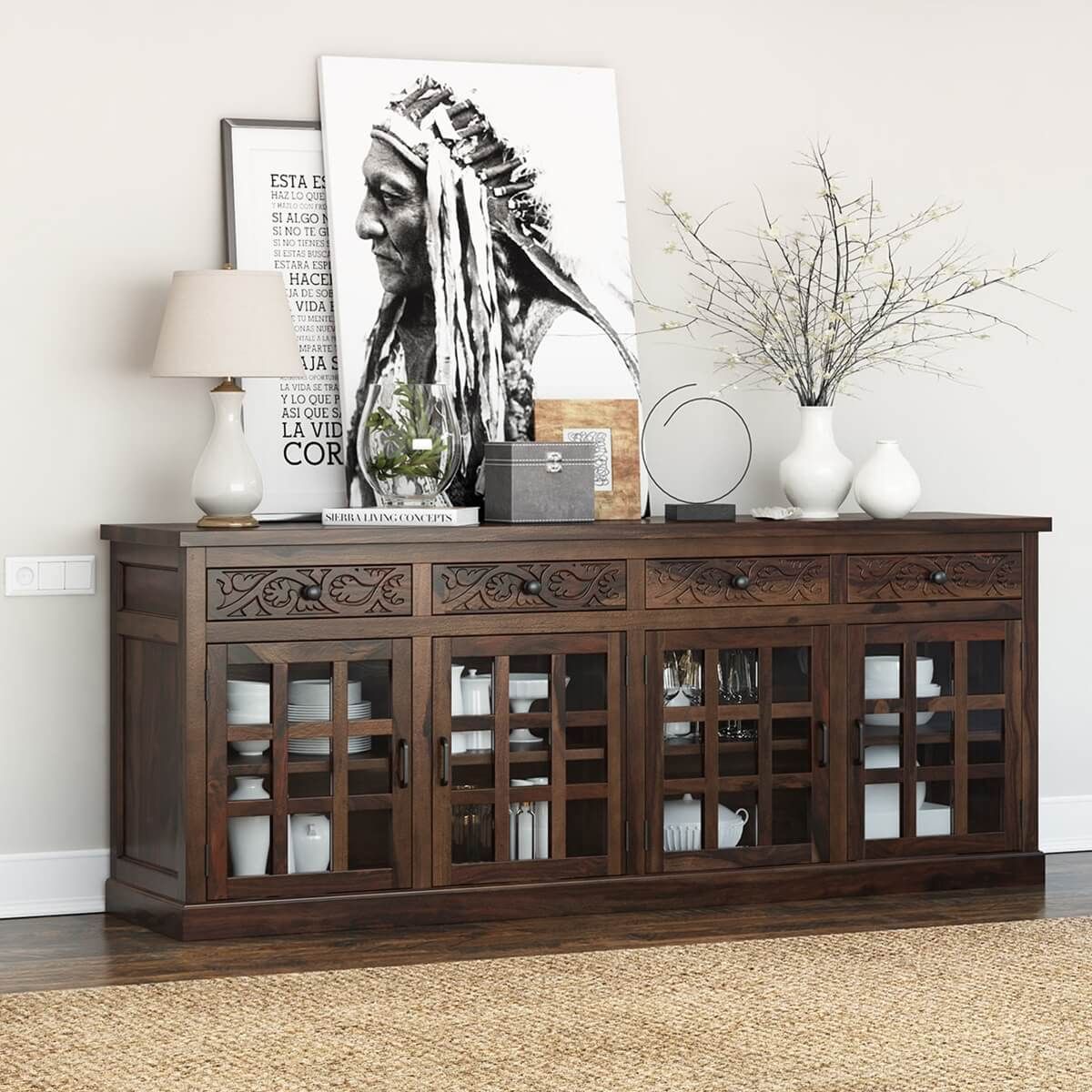 Dallas Ranch Rustic Solid Wood 4 Drawer Extra Long Buffet Cabinet For Most Current Sideboard Buffet Cabinets (View 5 of 15)