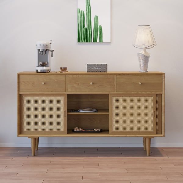 Farmhouse 55" Cane Sideboard Buffet With Storage Natural Kitchen Cabinet  Homary For Most Current Rattan Buffet Tables (View 7 of 15)