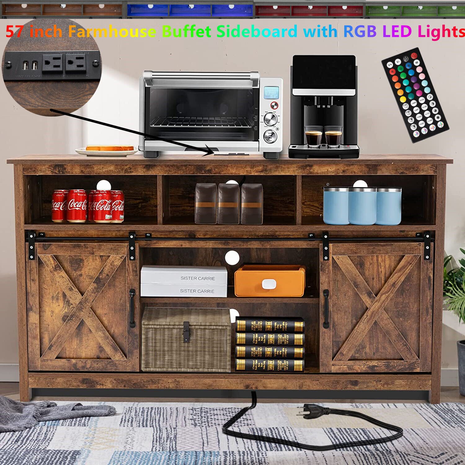 Farmhouse Coffee Bar Cabinet Tv Stand Kitchen Storage W/ Power Outlet Led  Light | Ebay With Regard To Best And Newest Sideboards With Power Outlet (View 11 of 15)