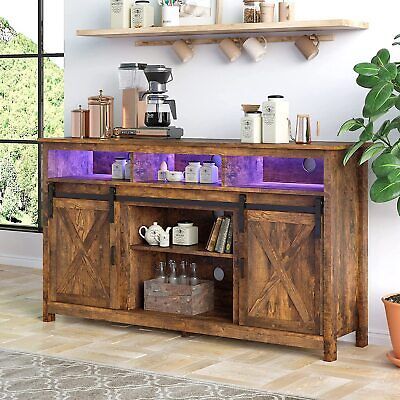 Farmhouse Coffee Bar Cabinet Tv Stand Kitchen Storage W/ Power Outlet Led  Light | Ebay Within Most Up To Date Sideboards With Power Outlet (View 6 of 15)