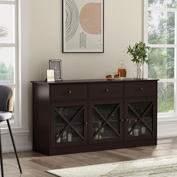 Fufu&gaga 62 In. Dark Brown Sideboard With 3 Drawer And 3 Doors White  Cabinets With Large Storage Spaces Kf260033 02 – The Home Depot Intended For Newest Sideboard Storage Cabinet With 3 Drawers & 3 Doors (Photo 5 of 15)