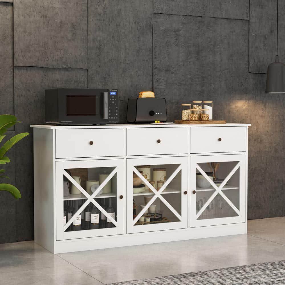 Fufu&gaga 62 In. White Sideboard With 3 Drawer And 3 Doors White Cabinets  With Large Storage Spaces Kf260033 01 – The Home Depot Intended For Best And Newest Sideboards With 3 Doors (Photo 13 of 15)