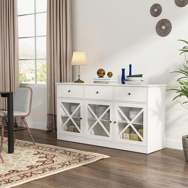 Fufu&gaga 62 In. White Sideboard With 3 Drawer And 3 Doors White Cabinets  With Large Storage Spaces Kf260033 01 – The Home Depot Pertaining To Most Recently Released Sideboard Storage Cabinet With 3 Drawers &amp; 3 Doors (Photo 6 of 15)