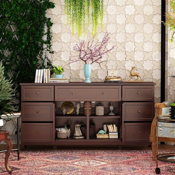 Fufu&gaga 63 In. L Red Brown Rectangle Wood Grain Console Table Entryway  Table Sideboard Hallway Living Room With Doors, Drawers Kf390016 01 – The  Home Depot For 2018 Entry Console Sideboards (Photo 13 of 15)