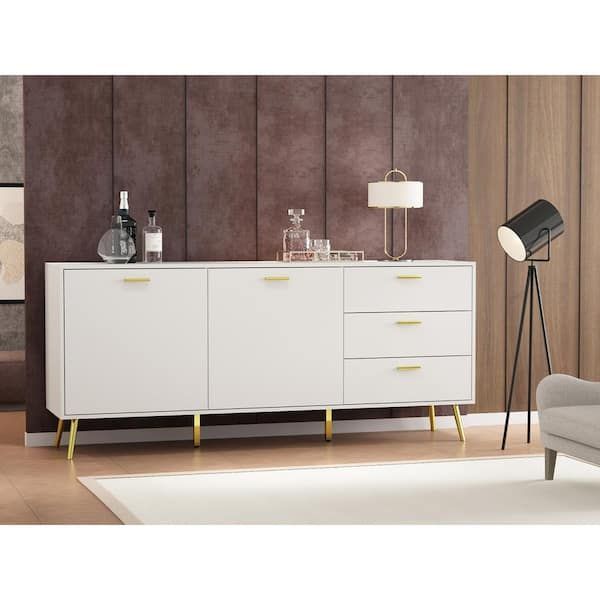Fufu&gaga 69 In. White Wood 2 Door And 3 Drawers Storage Accent Cabinet  With Metal Leg Storage Cupboard, Tv Stand Buffet Sideboard Kf200106 34 –  The Home Depot Regarding 2018 3 Drawers Sideboards Storage Cabinet (Photo 5 of 15)