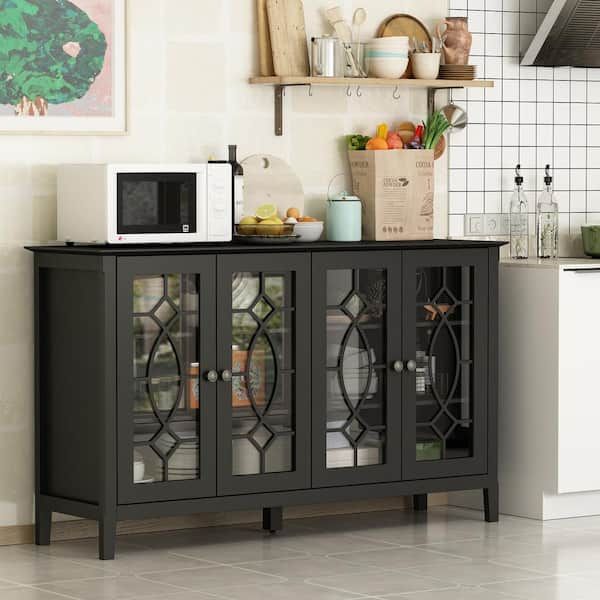 Fufu&gaga Black Modern Wood Buffet Sideboard With Storage Cabinet, Glass  Doors, And Adjustable Shelves For Kitchen Dining Room Kf330001 02 – The  Home Depot With Regard To Most Current Buffet Tables For Dining Room (View 2 of 15)