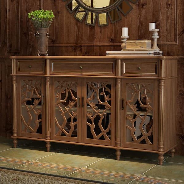 Fufu&gaga Brown Distressed Paint Finish Buffets & Sideboards Storage  Cabinet With Hollow Out Carved Glass Doors And Drawers Kf390002 01 – The  Home Depot With Regard To Recent Brown Finished Wood Sideboards (Photo 11 of 15)