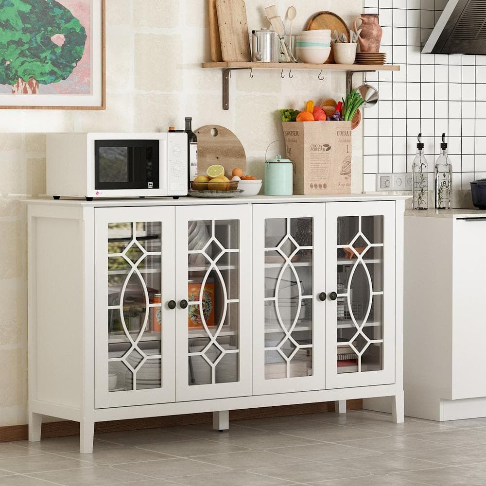 Fufu&gaga Modern White Wood Buffet Sideboard With Storage Cabinet, Glass  Doors, And Adjustable Shelves For Kitchen Dining Room Kf330001 01 – The  Home Depot For Most Recently Released Sideboard Buffet Cabinets (Photo 6 of 15)