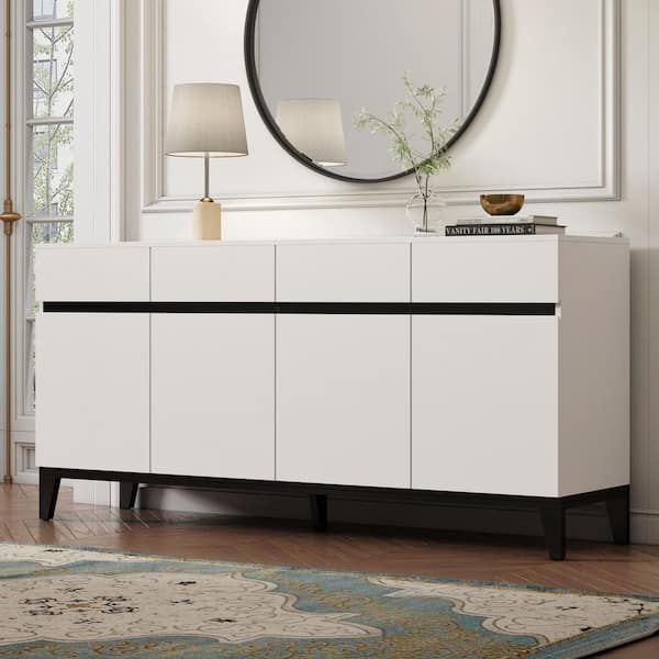 Fufu&gaga Sideboard Buffet Storage Cabinet With Doors And 4 Drawers,  Kitchen Cupboard Cabinet With Adjustable Shelves In White Kf210179 01 – The  Home Depot For Most Recently Released Buffet Cabinet Sideboards (View 7 of 15)
