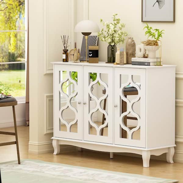 Fufu&gaga White Mirrored Wooden Accent Storage Cabinet, Sideboard, Wine Storage  Cabinet With 3 Doors And 6 Shelves Lbb Kf330040 01 – The Home Depot Intended For Latest 3 Door Accent Cabinet Sideboards (View 4 of 15)