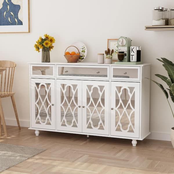 Fufu&gaga White Paint 4 Doors Mirrored Buffet Cabinet Sideboard With 3  Mirror Drawers And Adjustable Shelves For Kitchen Dining Kf330041 01 – The  Home Depot With Most Popular Buffet Cabinet Sideboards (View 3 of 15)