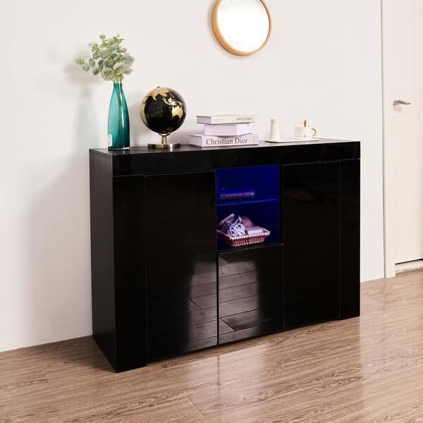 Godeer Black Kitchen Sideboard Cupboard With Led Light And 2 Doors, High  Gloss Dining Room Buffet Storage Cabinet A775w44474 – The Home Depot Inside Most Recent Sideboards With Led Light (View 12 of 15)