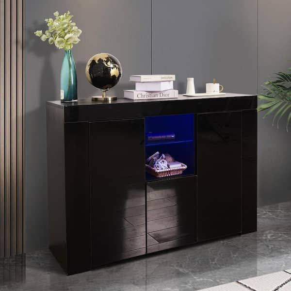 Godeer Black Kitchen Sideboard Cupboard With Led Light And 2 Doors, High  Gloss Dining Room Buffet Storage Cabinet A775w44474 – The Home Depot With Most Up To Date Sideboards With Led Light (Photo 5 of 15)