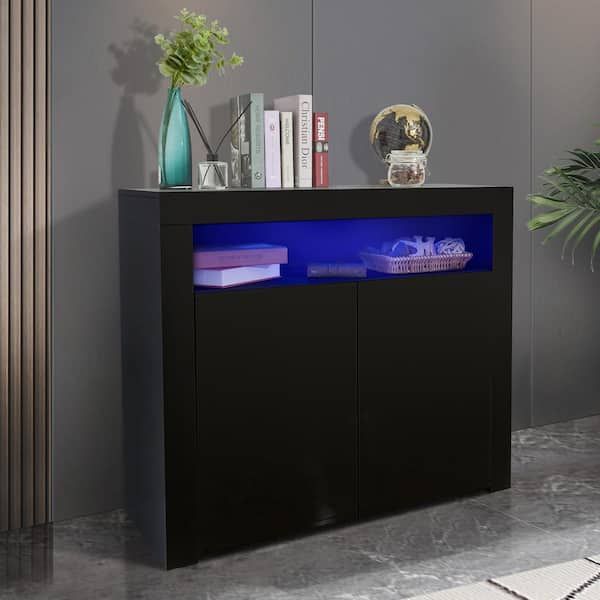 Godeer Black Sideboard Storage Cabinet With Led Light And 2 Doors For  Hallway Dining Room A775w44476 – The Home Depot Regarding Most Current Sideboards With Led Light (View 3 of 15)