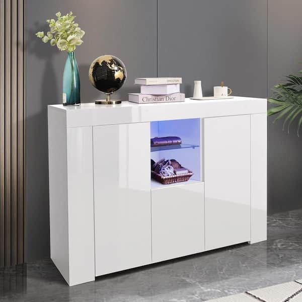 Godeer White Kitchen Sideboard Cupboard With Led Light And 2 Doors, High  Gloss Dining Room Buffet Storage Cabinet A775w44477 – The Home Depot Intended For Most Recent Sideboards With Led Light (View 4 of 15)