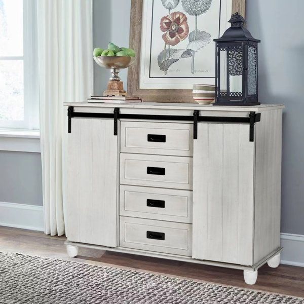 Gracie Oaks Redgate 45" Wide White Storage Cabinet Sideboard With 4 Drawers  And 2 Sliding Barn Doors & Reviews | Wayfair With Regard To 2018 Sideboards Double Barn Door Buffet (View 11 of 15)
