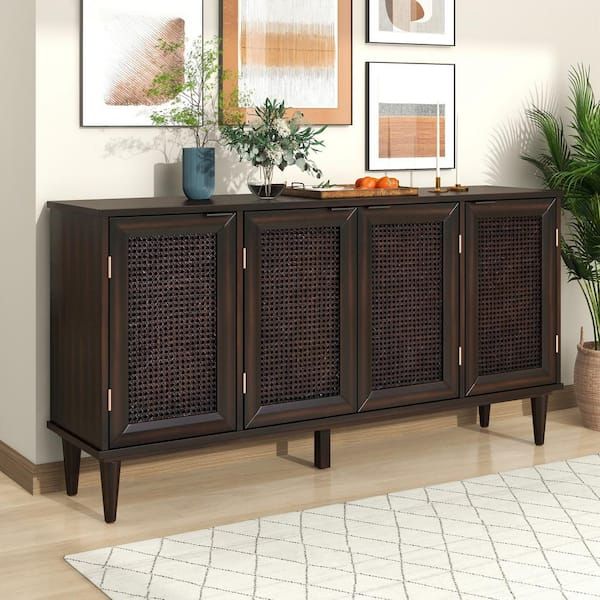 Harper & Bright Designs Large Storage Espresso Sideboard Buffet Cabinet  With Artificial Rattan Door Xw026aap – The Home Depot Pertaining To Most Current Rattan Buffet Tables (Photo 14 of 15)