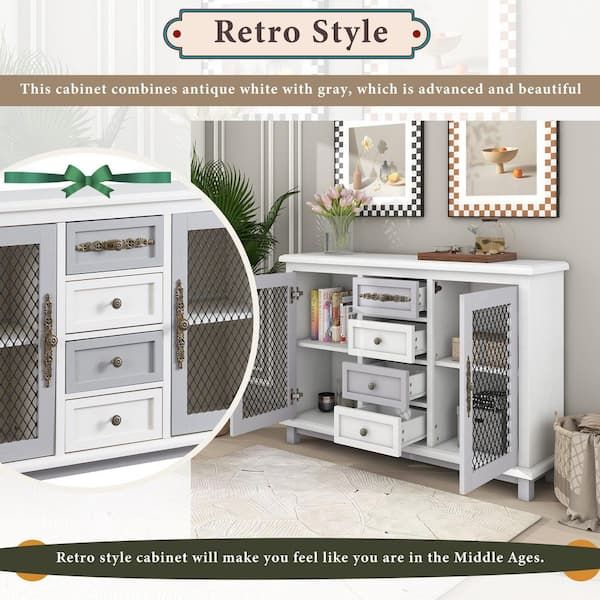 Harper & Bright Designs Retro Style White Sideboard With 4 Drawers And 2  Iron Mesh Doors Xw046aaa – The Home Depot Inside Current Sideboards With Breathable Mesh Doors (Photo 9 of 15)