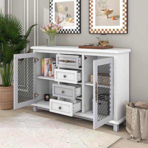 Harper & Bright Designs Retro Style White Sideboard With 4 Drawers And 2  Iron Mesh Doors Xw046aaa – The Home Depot Inside Recent Sideboards With Breathable Mesh Doors (Photo 3 of 15)