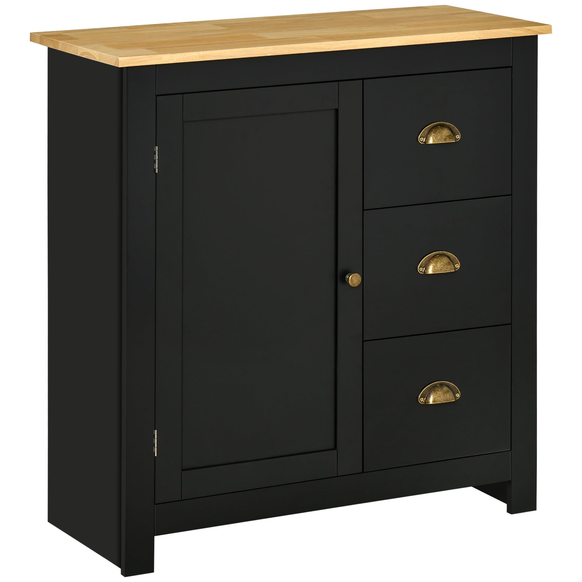 Homcom Modern Kitchen Cabinet, Storage Sideboard, Buffet Table With Rubberwood  Top, 3 Drawers And Cabinet With Adjustable Shelf, Black – Walmart Inside Most Recent Sideboards With Rubberwood Top (Photo 5 of 15)