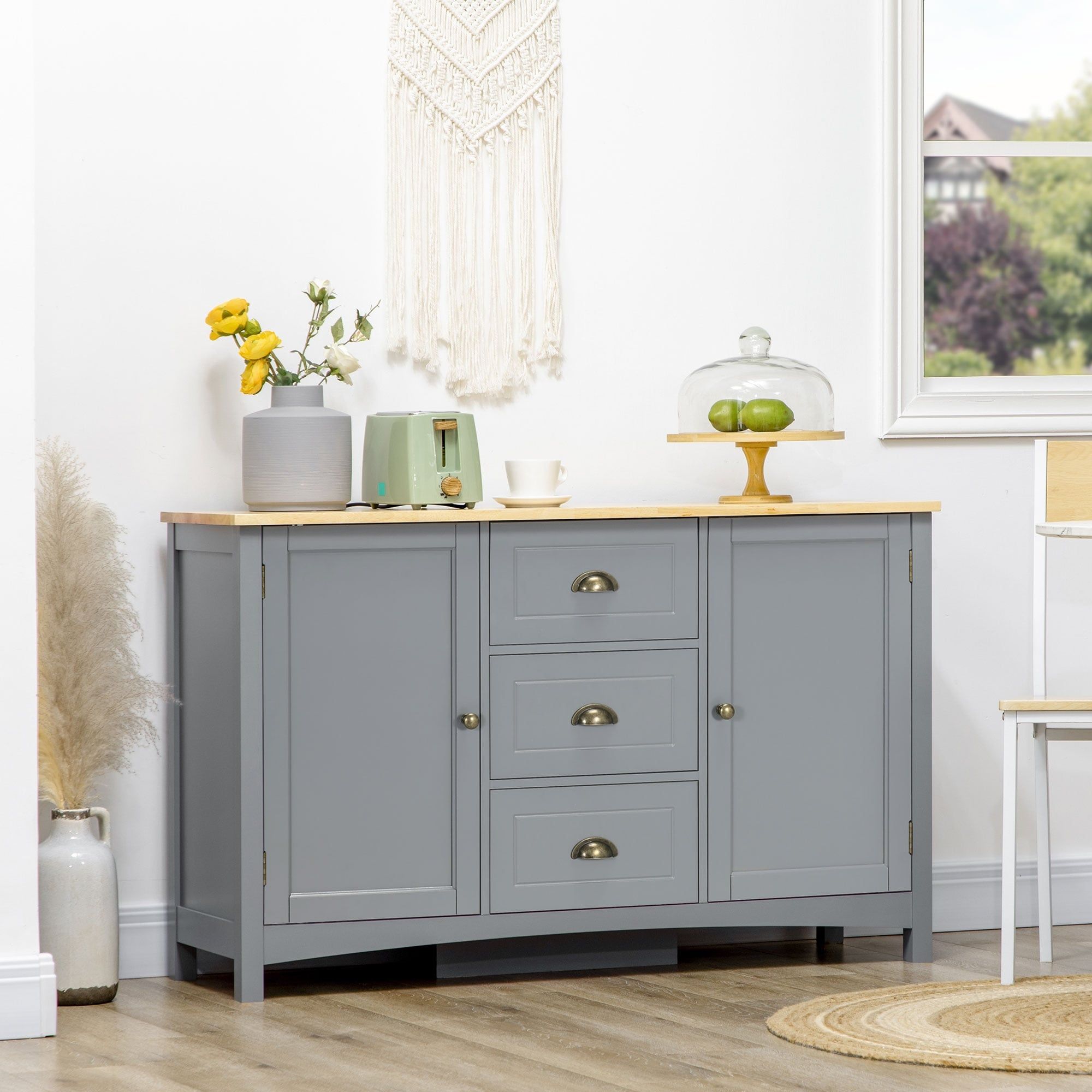 Homcom Sideboard Buffet Cabinet, Retro Kitchen Cabinet, Coffee Bar Cabinet  With Rubber Wood Top, Drawers, Entryway, Gray – Bed Bath & Beyond – 38858360 Throughout Most Up To Date Sideboards With Rubberwood Top (View 8 of 15)