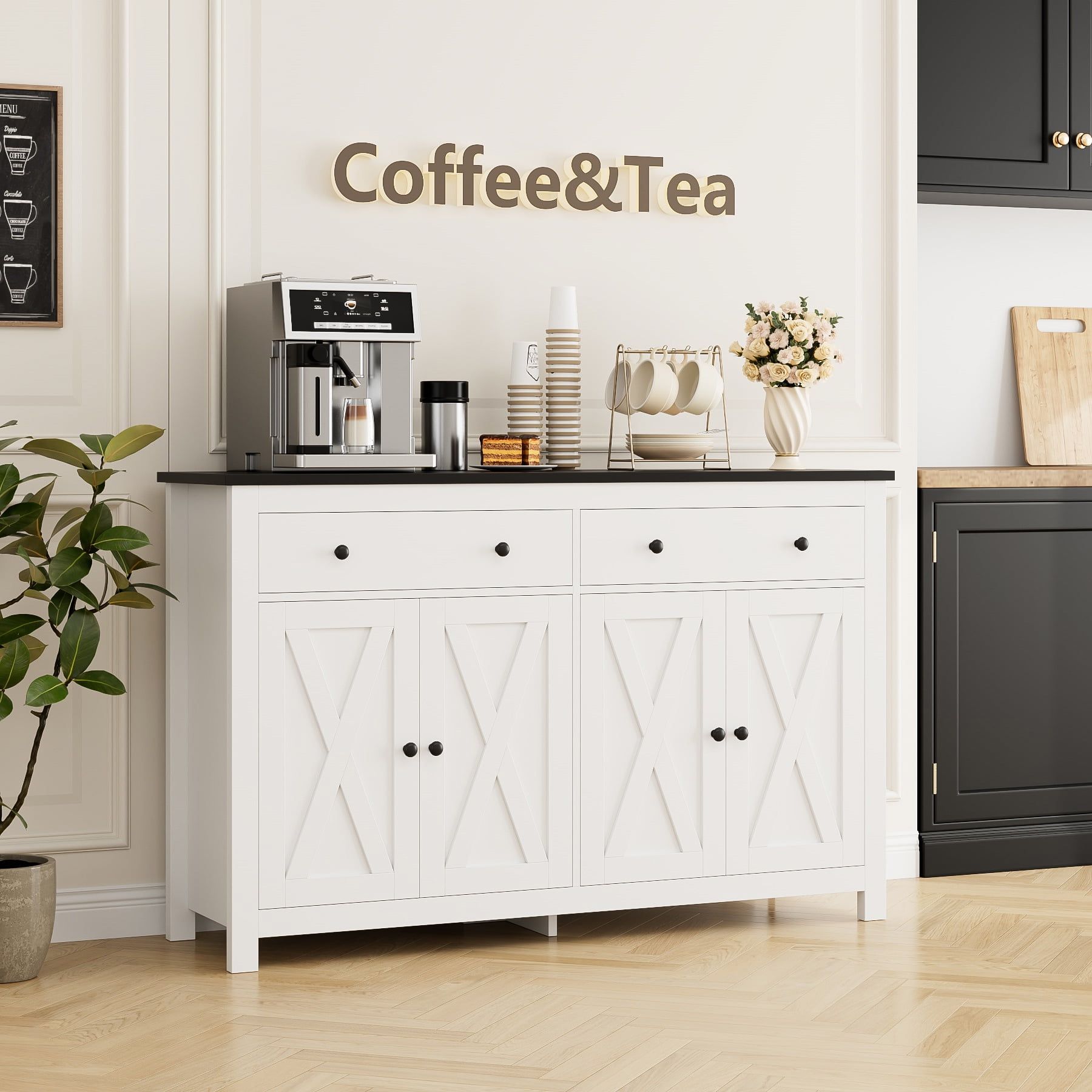 Homfa 4 Doors With 2 Drawers Farmhouse Storage Cabinet, Wood Kitchen  Sideboard With Adjustable Shelves, White Black – Walmart Inside Most Current Sideboards With Adjustable Shelves (View 4 of 15)