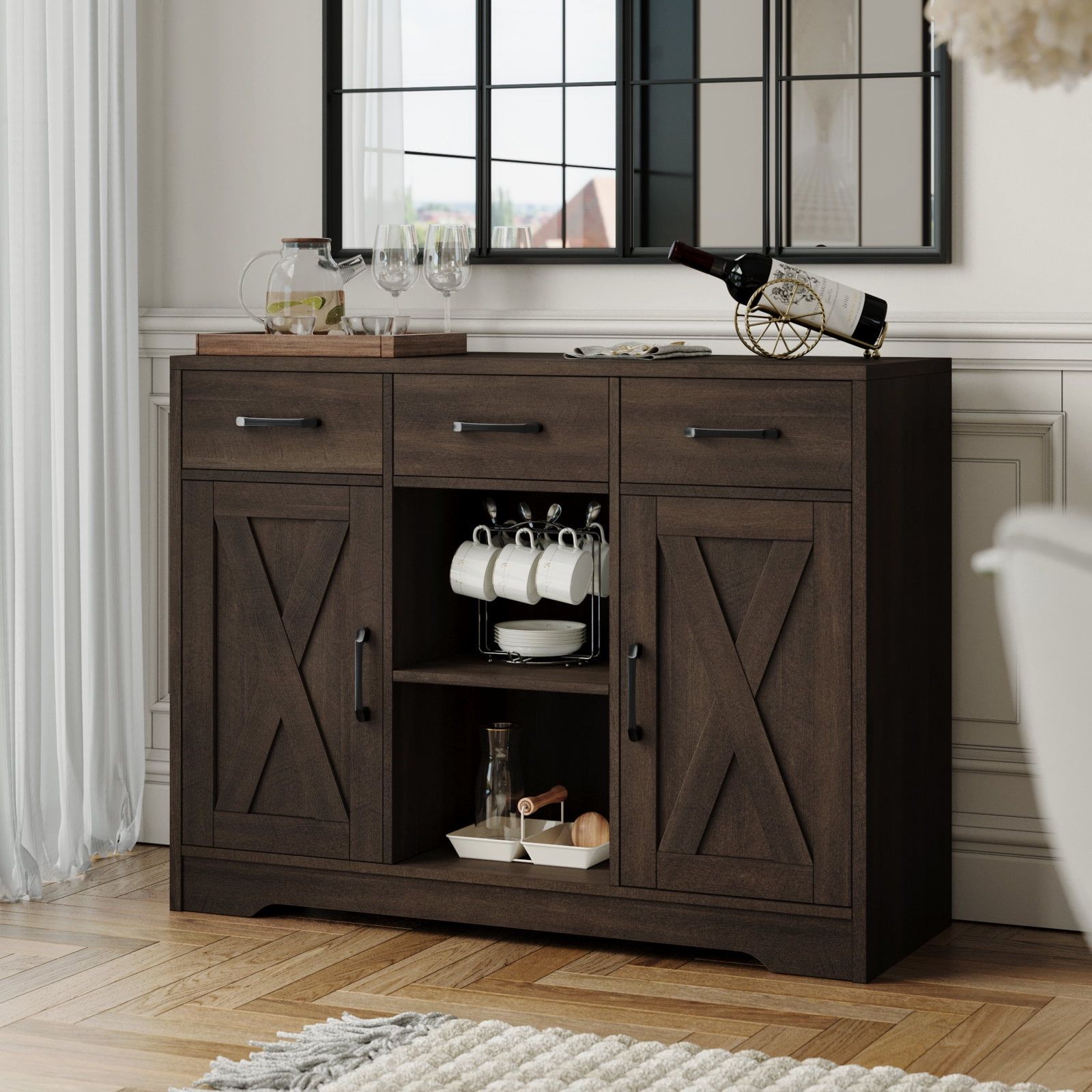 Homfa 41.7''kitchen Buffet With Doors, Wood Sideboard Farmhouse Storage  Cabinet With Drawers & 2 Adjustable Shelves For Kitchen Dining Room, Dark  Brown – Walmart Inside Most Recently Released Sideboards With Adjustable Shelves (Photo 7 of 15)