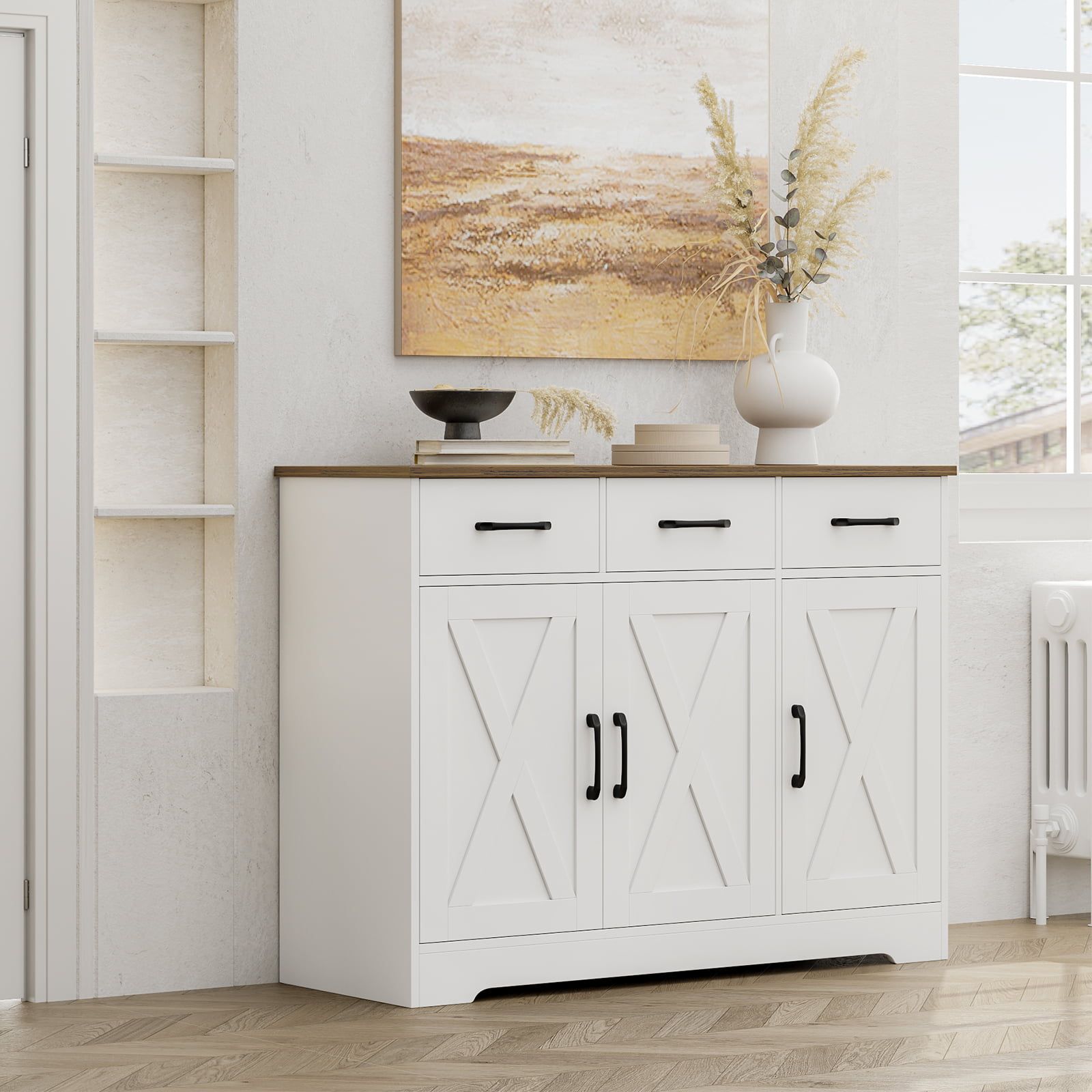 Homfa 42.5'' Kitchen Buffet Sideboard Cabinet, 3 Drawers Farmhouse Coffee  Bar Storage Cabinet With Adjustable Shelf, White – Walmart Inside Current 3 Drawers Sideboards Storage Cabinet (Photo 1 of 15)