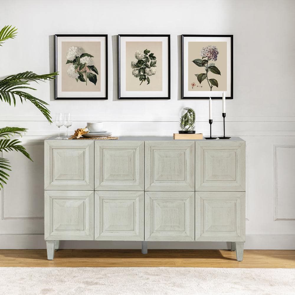 Jayden Creation Belle White Wood 58'' Wide Sideboard With Two Adjustable  Shelves And Block Patterned Door Sbhm0740 Wte – The Home Depot With Recent Sideboards With Adjustable Shelves (Photo 1 of 15)