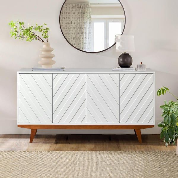 Jayden Creation Horaz White Wood 60 In.w 4 Doors Mid Century Modern  Sideboard With Solid Wood Legs Sbhm0638 Wte – The Home Depot Intended For 2018 Mid Century Modern White Sideboards (Photo 9 of 15)