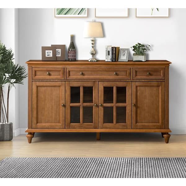 Jayden Creation Nikolaj Acorn 58 In. W 3 Drawer Sideboard With Solid Wood  Legs Sbhm0622 Acr – The Home Depot Within 2018 3 Drawer Sideboards (Photo 3 of 15)