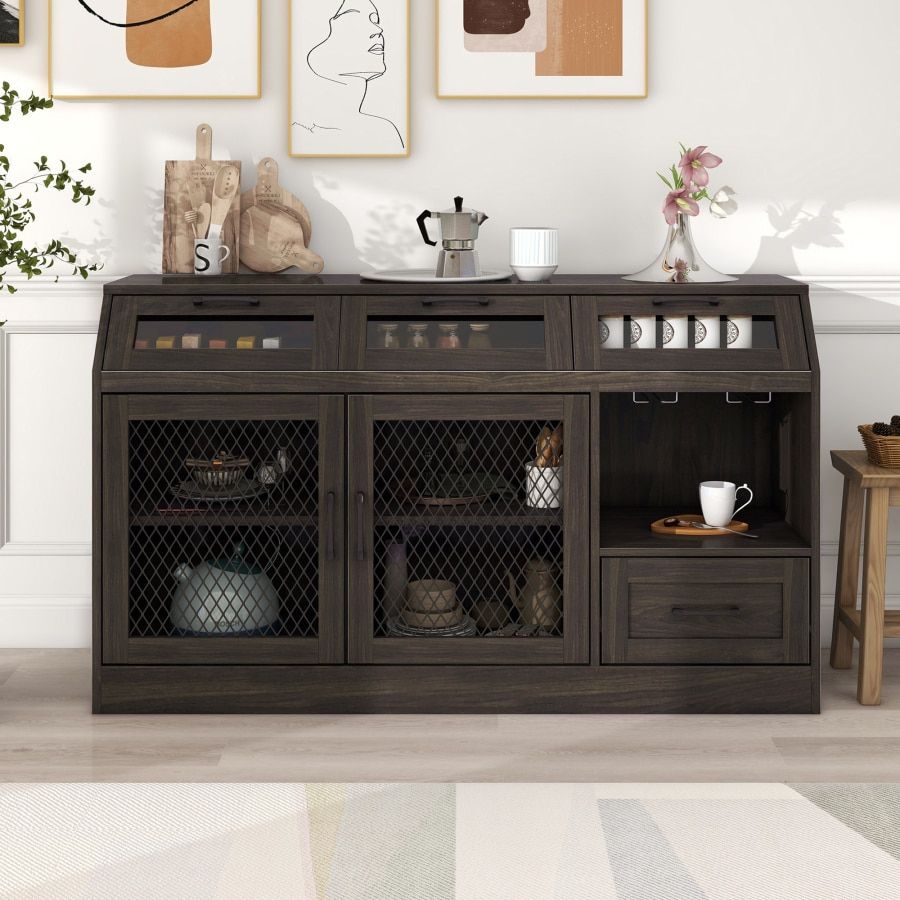 Kitchen Sideboard Multifunctional Buffet Cabinet With 4 Drawers, Mesh Metal  Doors With Shelves And Wineglass Holders (espresso) – Aliexpress Pertaining To Newest Sideboards With Breathable Mesh Doors (View 4 of 15)