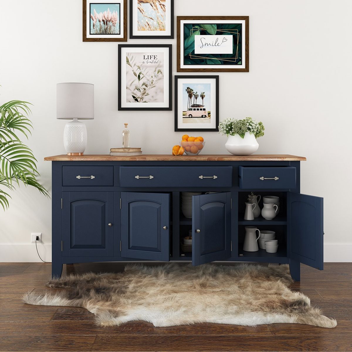 Meriden Two Tone Solid Wood 3 Drawer Long Sideboard Cabinet With Best And Newest Navy Blue Sideboards (Photo 7 of 15)