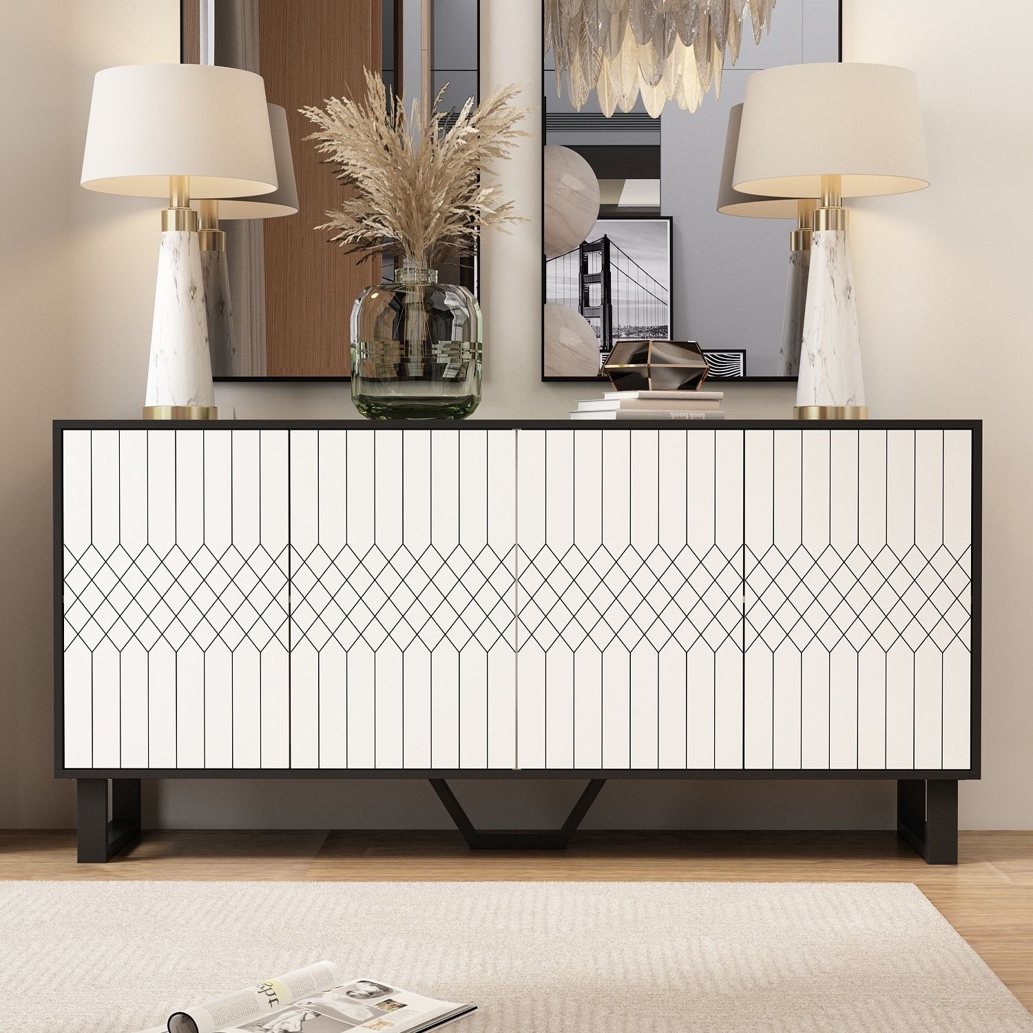 Modern 4 Door Bookmatch Buffet 63inch Black White End Table Sideboard – Bed  Bath & Beyond – 37181869 Pertaining To Latest Sideboards Bookmatch Buffet (View 14 of 15)