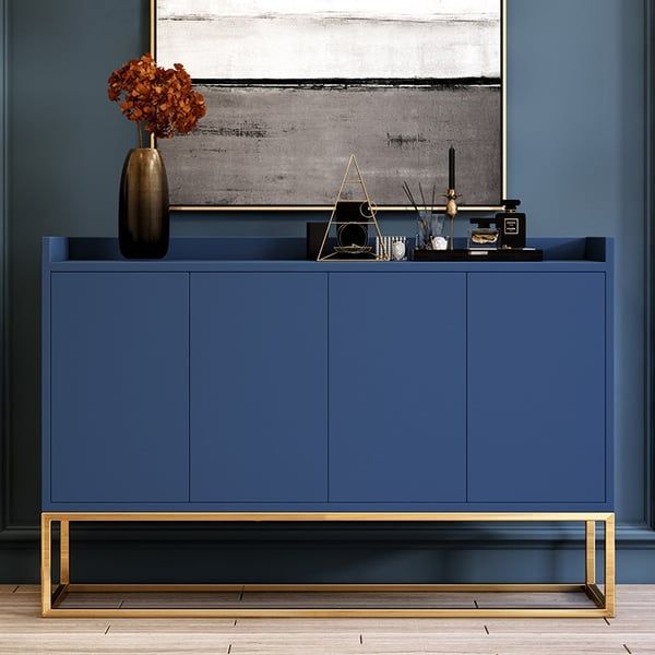 Modern 47" Blue Sideboard Buffet Storage Kitchen Cabinet With 4 Doors In  Gold Homary With Most Up To Date Navy Blue Sideboards (Photo 6 of 15)