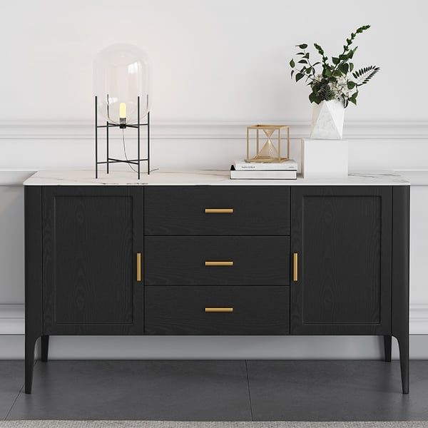 Modern Black Sideboard Buffet Sintered Stone Top Drawers&doors Kitchen  Cabinet Gold Pull Homary Within Best And Newest Buffet Cabinet Sideboards (Photo 11 of 15)