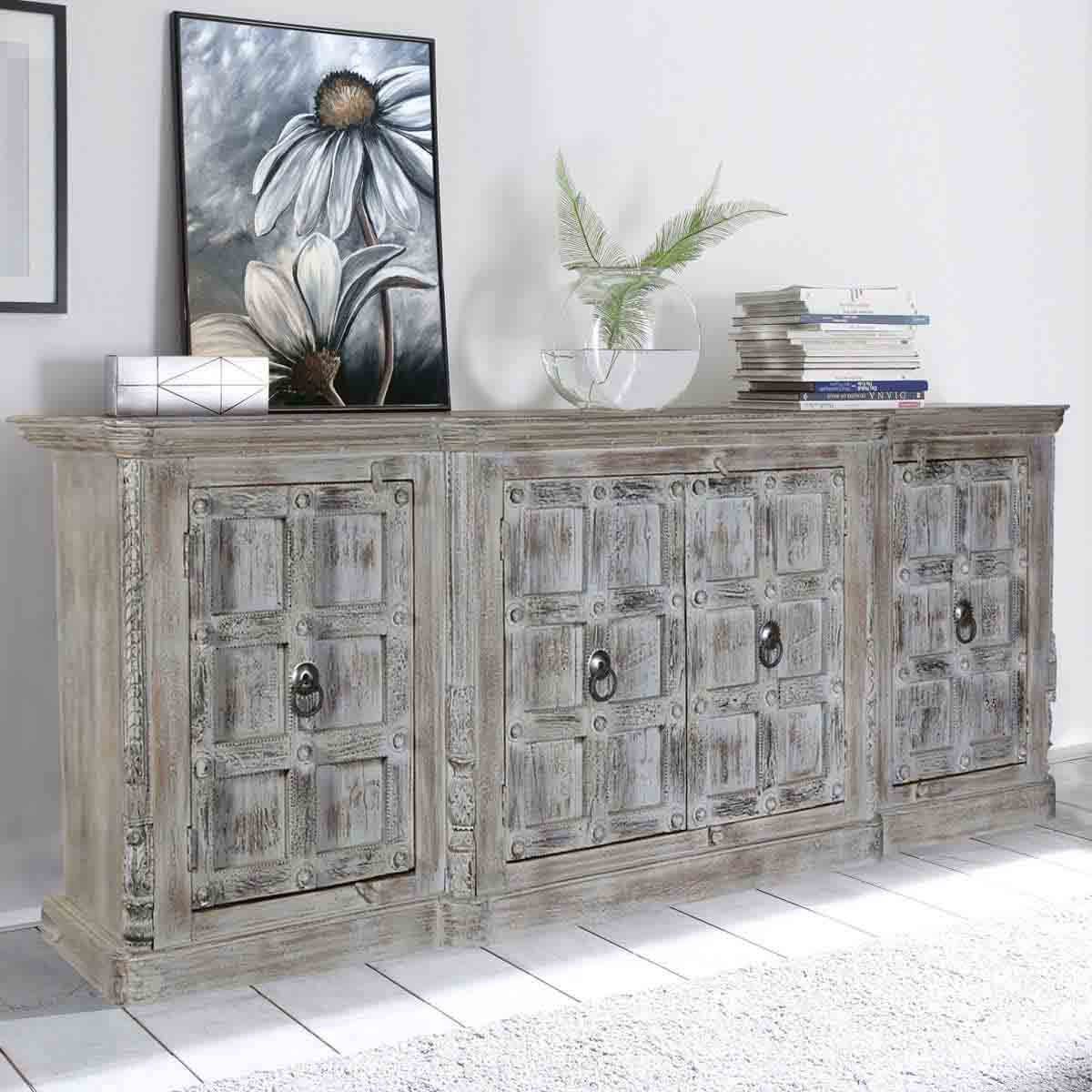 Palazzo Distressed Handcrafted Solid Wood Extra Long Buffet Cabinet With Regard To Most Up To Date Buffet Cabinet Sideboards (View 6 of 15)