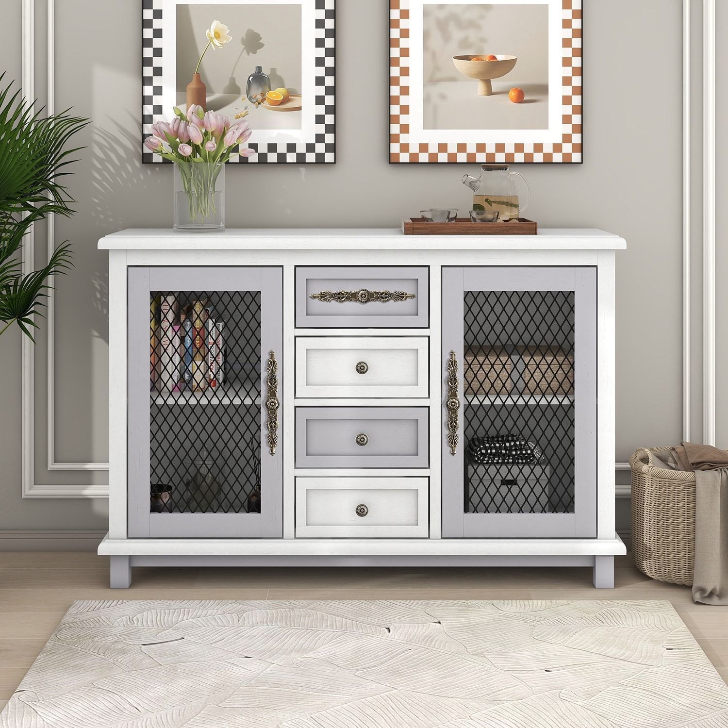 Retro Buffets Sideboard Cabinet With 4 Drawers And 2 Iron Mesh Doors – On  Sale – Bed Bath & Beyond – 37167131 Regarding Most Up To Date Sideboards With Breathable Mesh Doors (Photo 2 of 15)