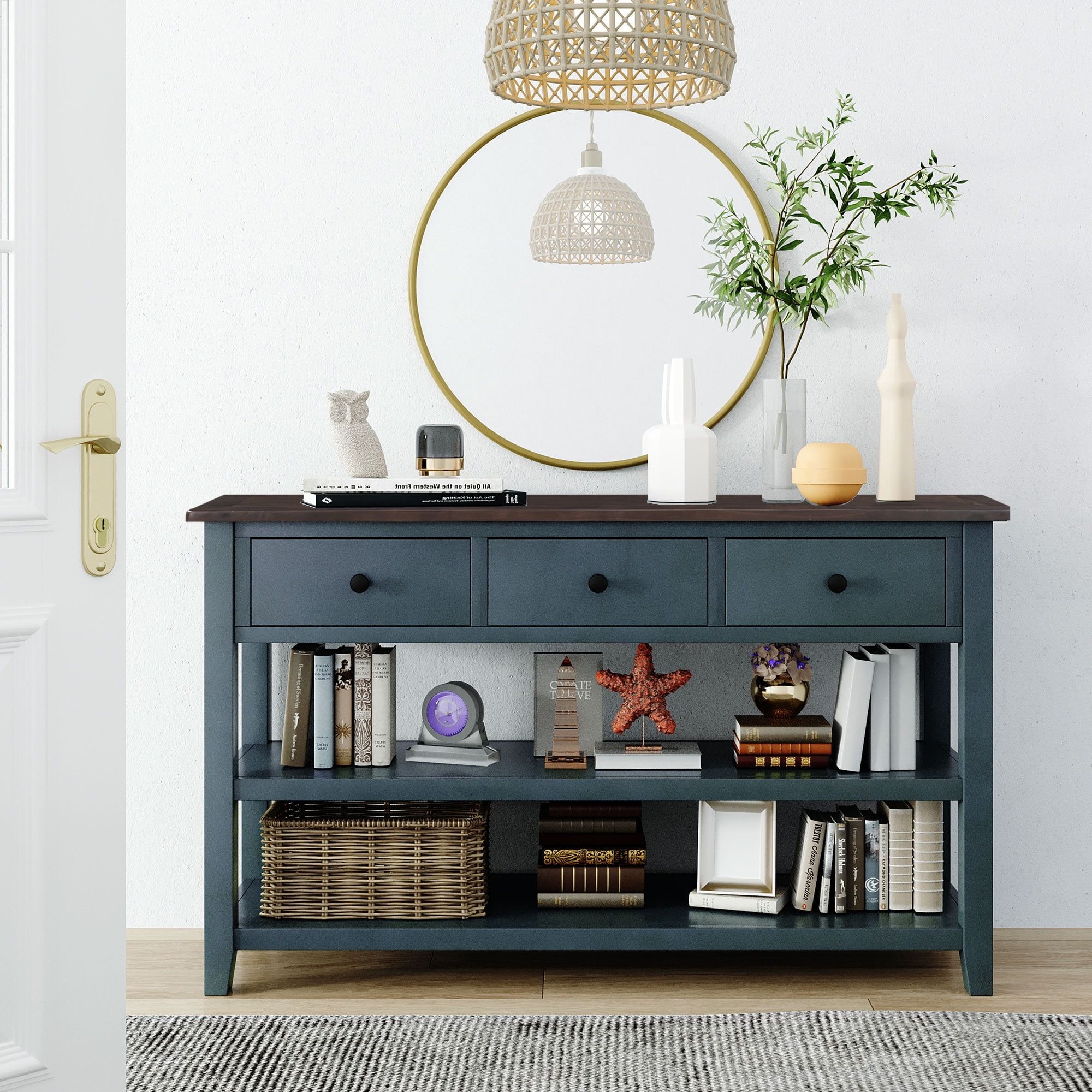 Retro Console Table With 3 Drawers And Two Open Shelves, Solid Wood Sideboard  Buffet With Vintage Round Handles, Multifunctional Accent Storage Cabinet  Cupboard For Living Room Bedroom Hallway, Navy – Walmart In Recent Sideboards Cupboard Console Table (View 11 of 15)