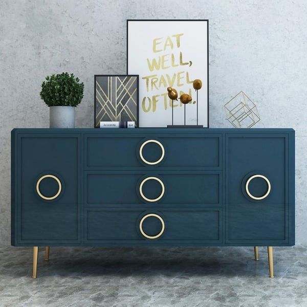 Rindix Blue Sideboard Cabinet Gold Credenza Drawers & 2 Doors 47.2''  Mid Century Homary Within Most Current Navy Blue Sideboards (Photo 9 of 15)